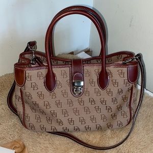 Dooney & Bourke Signature Leather Trim Brown Canvas Satchel